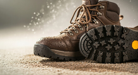 Close-up of waterproof brown leather hiking boots covered in water drops. Durable outdoor footwear with a rugged rubber sole for trekking and adventure