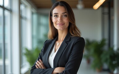 Portrait of a professional woman in a suit. Business woman standing in an office. High quality