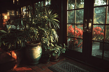 Obraz premium A cozy indoor scene featuring lush plants near glass doors, allowing natural light to illuminate the vibrant flowers outside.