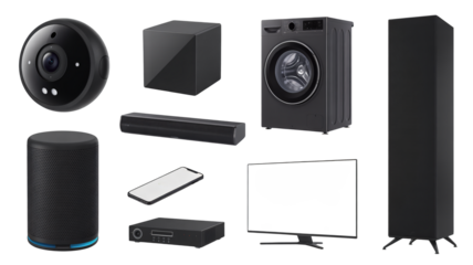 Assortment of modern black electronic home appliances and smart technology gadgets