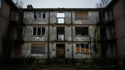 Abandoned apartment building standing desolate and decaying under a gloomy sky