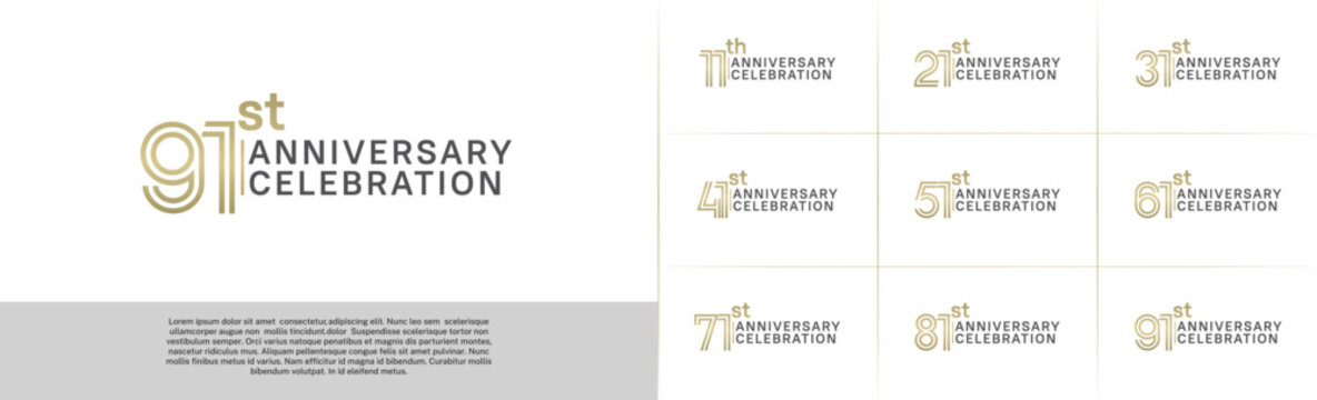 Anniversary logo type set with double line number. gold and black color for celebration event
