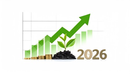 Growth and Progress Concept: A symbolic representation of financial growth in the year 2026, using a combination of plant, coin and arrow elements.