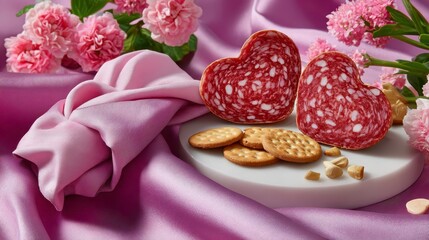 Naklejka premium Heart Salami Crackers Valentine's Day Snack Food Flowers