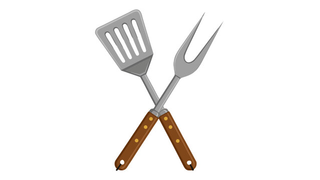 Crossed Barbecue Grill Spatula and Meat Fork With Wooden Handles Isolated on Black Background Detailed Illustration