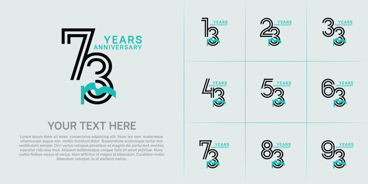 Anniversary logo type set with double line number. black color and blue ribbon for celebration event