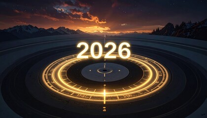 A captivating digital rendering showcases the year 2026, set against a stunning backdrop of a majestic mountain range and a striking sunset sky, evoking anticipation and a glimpse into the future.