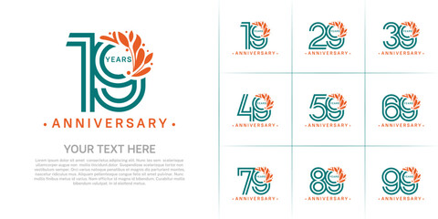 Obraz premium Anniversary logo type set with double line number and orange floral ornament. green color for celebration event