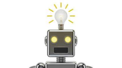 Fototapeta premium Robot with glowing light bulb in bright studio lighting on white background for technology illustration