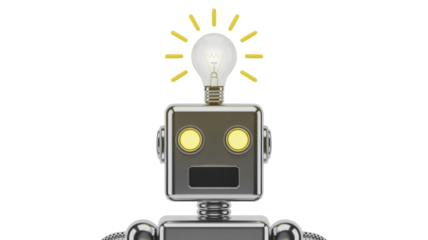 Robot with glowing light bulb in bright studio lighting on white background for technology illustration