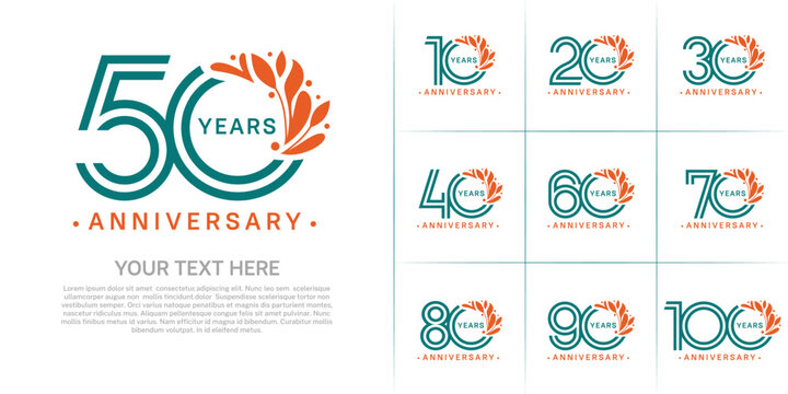 Anniversary logo type set with double line number and orange floral ornament. green color for celebration event