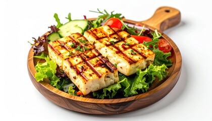 Grilled halloumi and salad on wood plate
