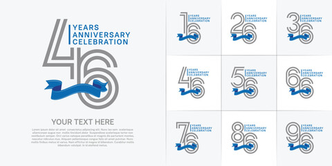 Obraz premium Anniversary logo type set with double line number. grey color with blue ribbon for celebration event