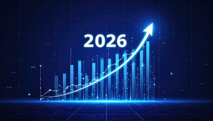 Visual representation of growth in 2026, where a neon upward arrow intersects and emphasizes the height of a series of illuminating graphs. It conveys a strong message of potential prosperity.