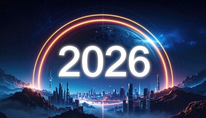 The captivating illustration presents a futuristic cityscape beneath a stylized representation of the year 2026, within an illuminated ring. The scene evokes a sense of technological advancement.
