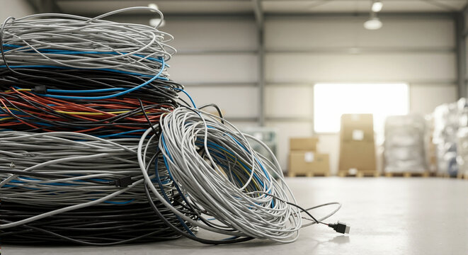 Large coil of tangled network cables on a warehouse floor. Messy pile of ethernet wires with blurred industrial background. Copy space for text