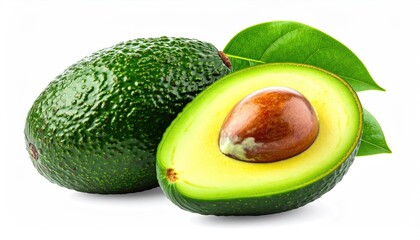 Two avocados, one cut with seed visible