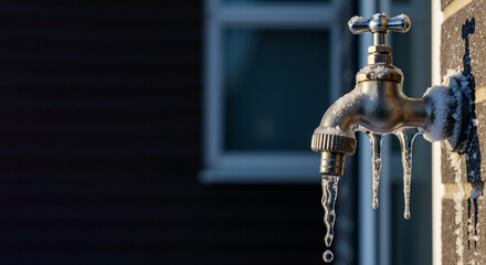 Frozen outdoor water tap with hanging icicles on a brick wall. Cold winter weather and plumbing maintenance concept. Copy space