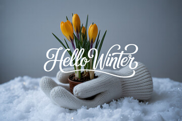 Crocus flowers in a pot held by mittens with "Hello Winter" text overlayed on a snowy background conveying a seasonal greeting and the arrival of winter.