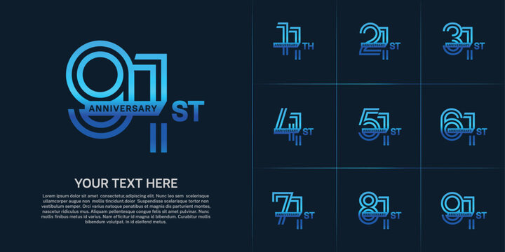 Anniversary logo type set with double line number. blue color with ribbon for celebration event