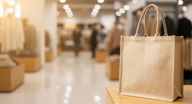 Beige canvas tote bag on a wooden table in a clothing store. Reusable eco friendly jute shopper mockup with blurred retail background. Shopping concept with copy space