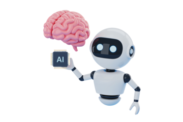 Robot holding AI sign with human brain in futuristic white background for technology