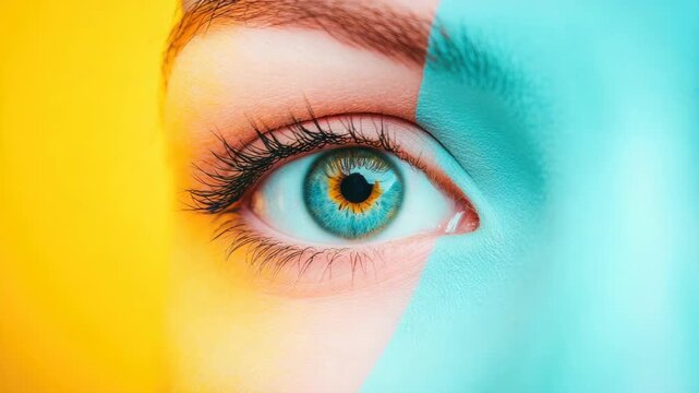 Close-up of woman's blue eye with yellow and turquoise face paint