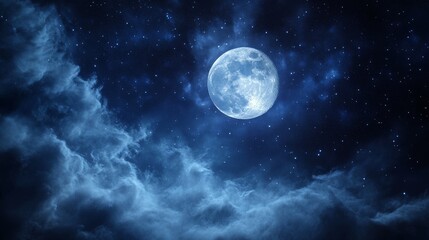 Obraz premium Full moon emerging from behind ethereal cloud veil, star field with varying brightness, cirrus cloud wisps, deep space background, atmospheric light diffusion