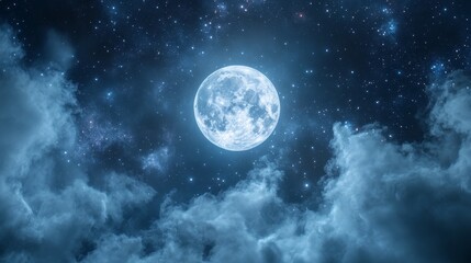 Fototapeta premium Full moon emerging from behind ethereal cloud veil, star field with varying brightness, cirrus cloud wisps, deep space background, atmospheric light diffusion