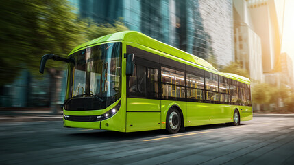 Obraz premium Modern electric city bus in motion on an urban street, showcasing sustainable public transportation, clean energy technology, and contemporary city mobility concept.