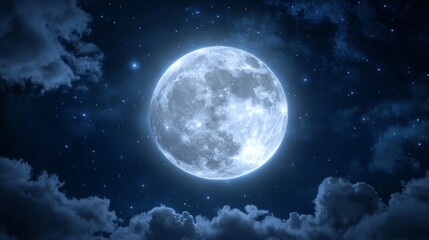 Fototapeta premium Majestic full moon with detailed surface features surrounded by luminous halo, dramatic cloud silhouettes, twinkling stars of varying magnitudes, cosmic depth