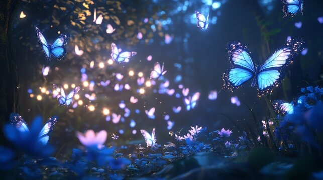 Swarm of ethereal glowing butterflies creating light pathways through midnight garden, bioluminescent wing details, magical particle effects, nocturnal flowers, fantasy atmosphere