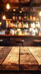Wooden table at a blurred bar scene