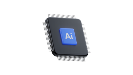 AI Microchip Processor in Blue Square with Silver Pins on Dark Background in Studio Lighting for Technology Advertising
