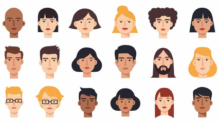 Diverse collection of illustrated faces representing various ethnicities and expressions in a flat design style.