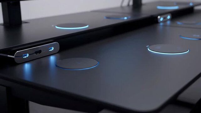 Modern desk with integrated technology and connectivity ports