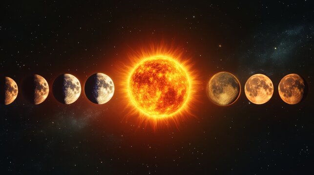 Professional 3D vector set displaying scientifically accurate sun with prominences alongside multiple moon phases with detailed surface geography rendered with realistic lighting effects