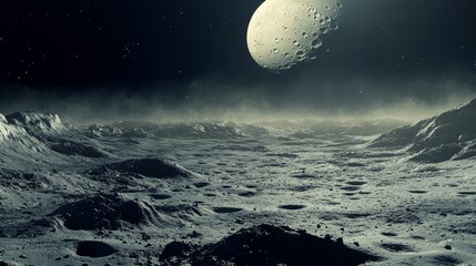 Desolate moon surface with jagged rock formations captured at the precise moment of lunar sunrise, ultra high definition photograph showing dust particles illuminated by low-angle sunlight