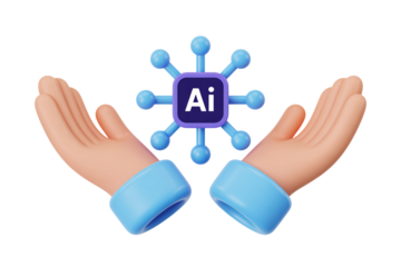 Hands holding AI symbol in 3D illustration with blue futuristic design and soft lighting for technology