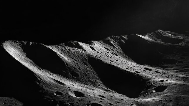 Barren lunar highlands with ancient impact craters photographed at dawn, stark contrast between illuminated peaks and deep shadowed valleys, extreme detail of regolith texture