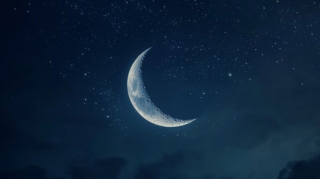 Ethereal crescent moon suspended in deep indigo night sky with subtle gradient transitioning to midnight blue, delicate stars varying in brightness scattered across composition, atmospheric depth