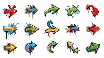 A collection of fifteen brightly colored stylized arrows with graffiti and dripping paint effects