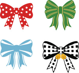 A colorful set of four vector decorative bow illustrations, featuring a red polka-dot ribbon, a green gold-striped bow, a blue tied ribbon, and a black and white checkered bow adorned with golden bell