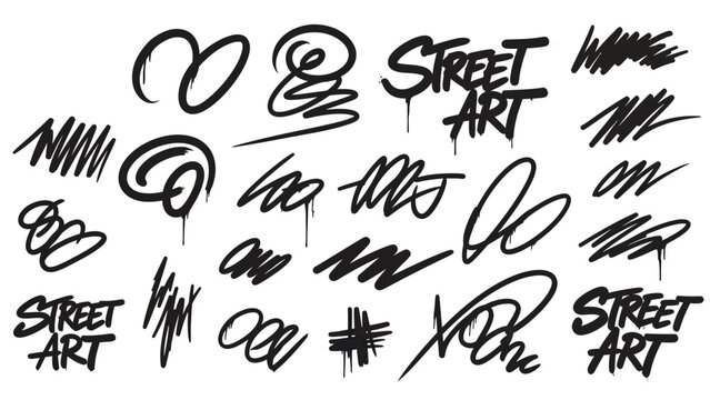 Black graffiti tags scribbles and STREET ART text on white background