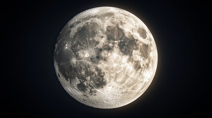 Naklejka premium Hyper-detailed full moon against pitch black sky, every crater and lunar mare precisely rendered, subtle yellow glow illuminating edges, photorealistic surface texture with perfect shadows,