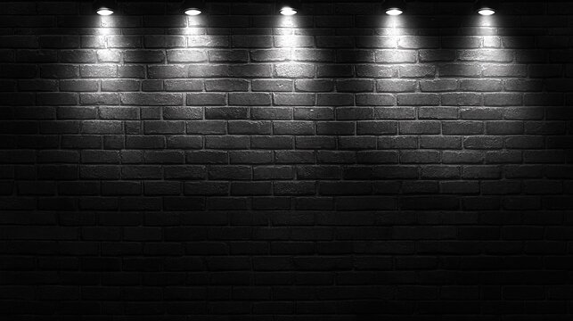 Black brick wall background with spotlights, dark stage vector illustration for product presentation mockup. Brick texture and light effects, ideal for banners, posters, covers, web, print, and advert