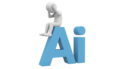 3D figure contemplating on large blue AI lettering in soft studio lighting for technology