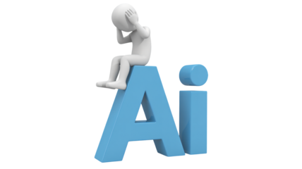 3D figure contemplating on large blue AI lettering in soft studio lighting for technology