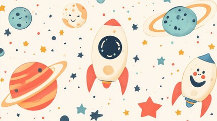 Naklejka premium Playful space-themed vector illustration with smiling planets and stars against pastel background, childlike rocket ships with rounded edges, friendly alien characters, perfect for nursery wall art