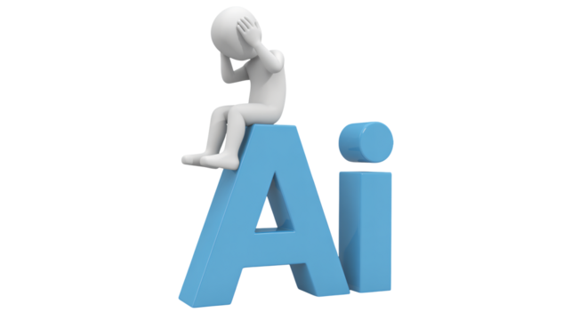 3D figure contemplating on large blue AI lettering in soft studio lighting for technology - Powered by Adobe